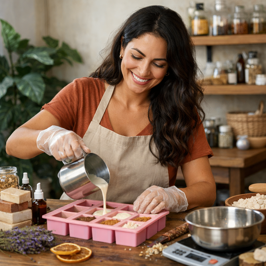 photographic Mulher morena de 36 anos fazendo sabonete artesanais
